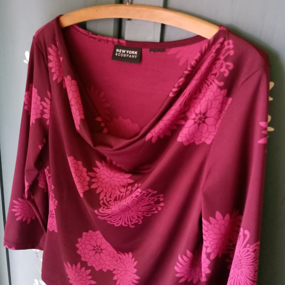 NY&Co Cowl Neck Rich Cranberry Color Dress Blouse with Floral Pattern Size M